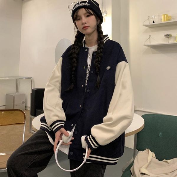 

women's jackets casual print fleece baseball women single-breasted loose splice uniform preppy style fashion oversize outwear, Black;brown