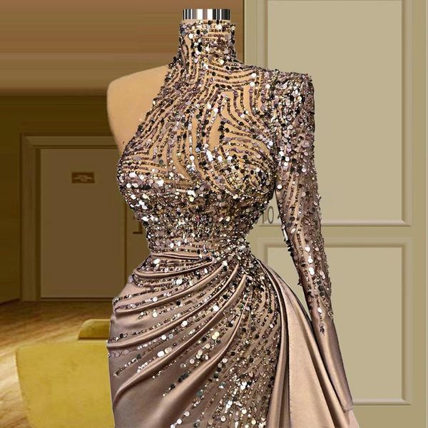 

high neck single long sleeve mermaid evening dresses muslim beading satin gowns formal dress party, White;black