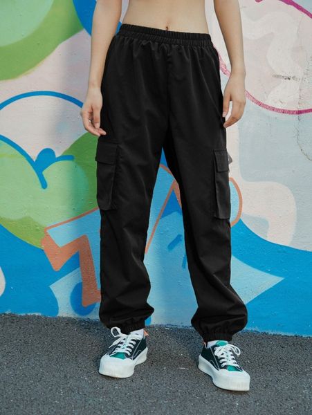

romwe solid cargo pants c7ym#, Black;white