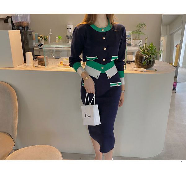 

two piece dress 2 piece set women runway designer brand sweater cardigan and mini skirt vintage button up knitted outfits 93, White