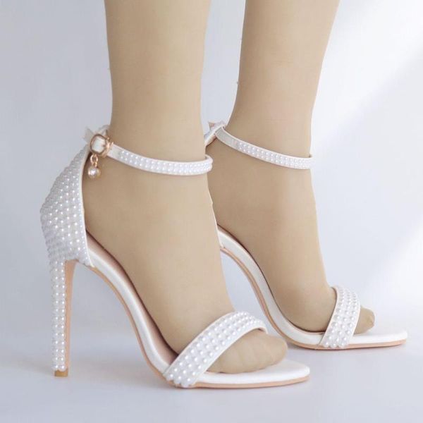 

summer open toe pearl wedding sandals ankle strap buckle beaded party dress shoes white beads woman, Black