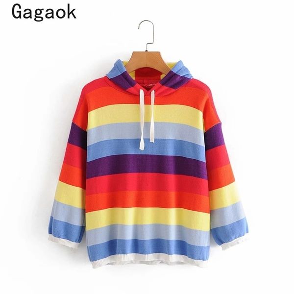 

women fashion rainbow knitted sweater spring autumn hooded lace up striped full sweet casual wild pullover 210531, White;black
