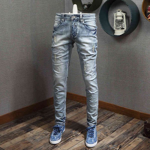 

jeans italian style fashion light blue destroyed patchwork ripped men elastic denim pants slim fit hip hop jeans homme