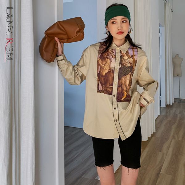 

spring turn-down collar chic single-breasted long sleeve printed oil beige shirt for women fashion tide 2a310412s 210507, White
