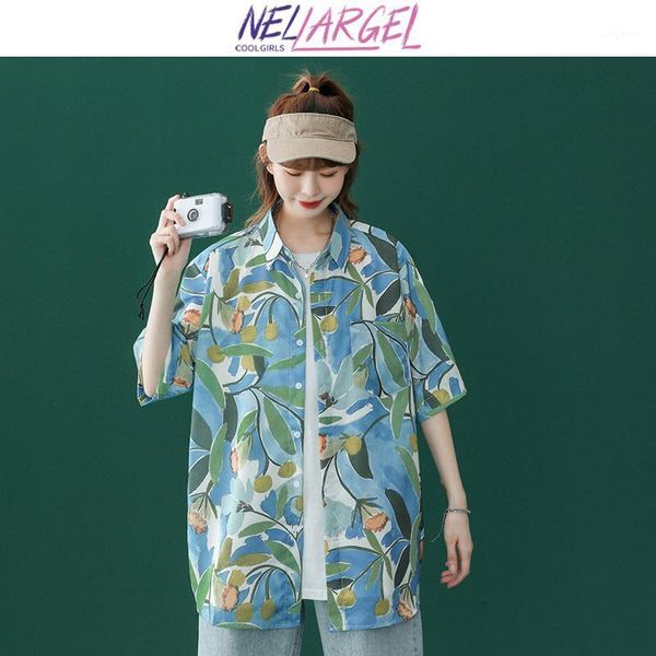 

women's blouses & shirts nellargel women leaves kawaii button up 2021 summer female korean fashion harajuku streetwear girl vintage, White