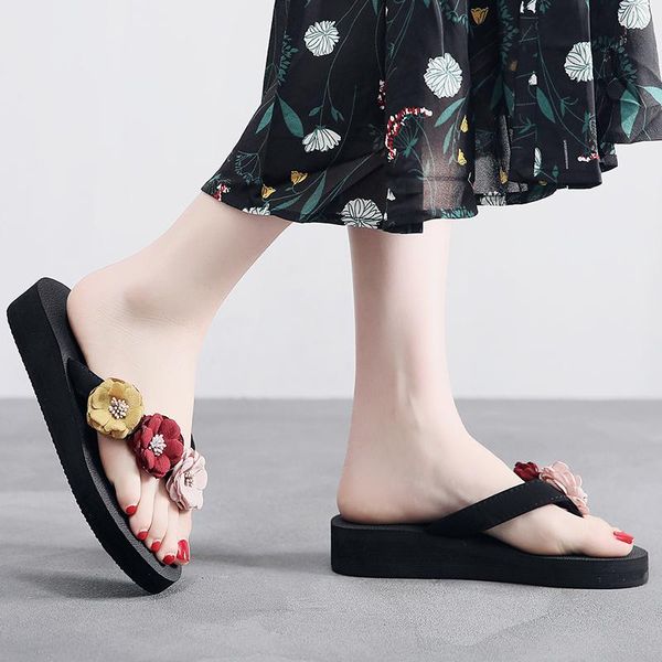 

adisputent fashion bohemian flop beading wedges beach slippers shoes women torridity -slip heels slides 2021 summer, Black