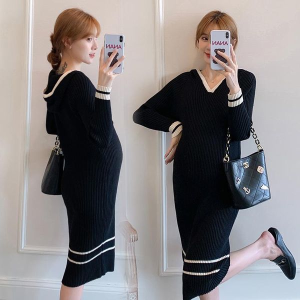 

maternity dresses pregnant women winter clothes long sleeve knitting dress hooded coats striped patchwork pregnancy loose sweaters, White