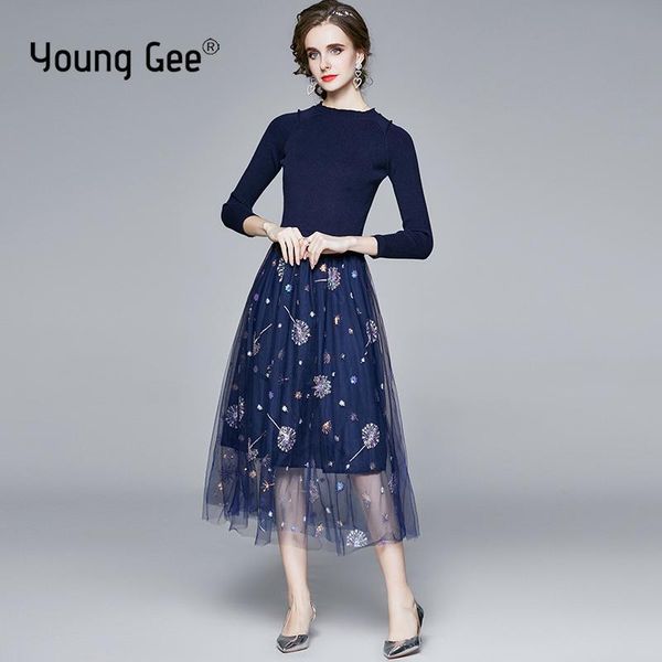 

blue embroidery party mesh dress women long sleeve knitted slim waist vintage patckwork runway lace dresses vestido de mujer casual, Black;gray