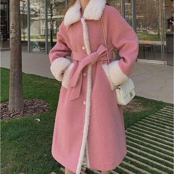 

women's fur & faux winter thick long cute coat women pink sweet lamb woolen jacket with sashes warm fashion pocket ladies overcoat, Black