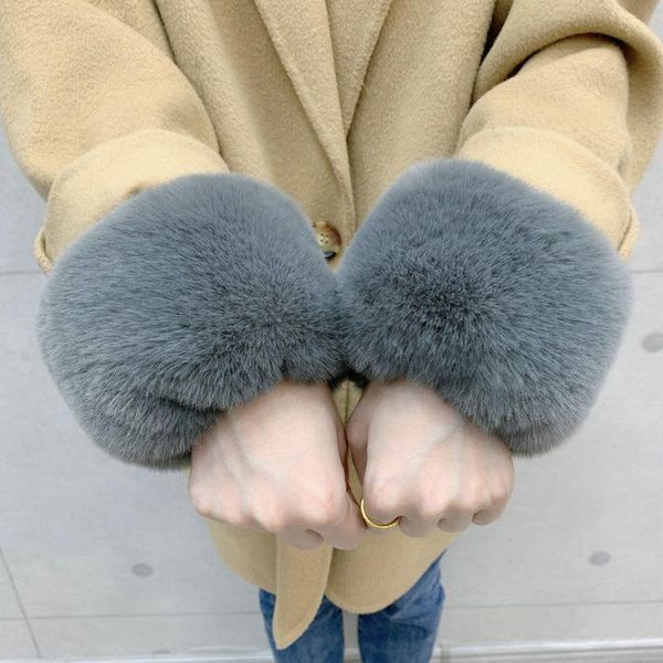 

five fingers gloves one pair faux fur plush windproof cuffs wristband winter arm warmer women thick wrist arms female elastic oversleeve, Blue;gray