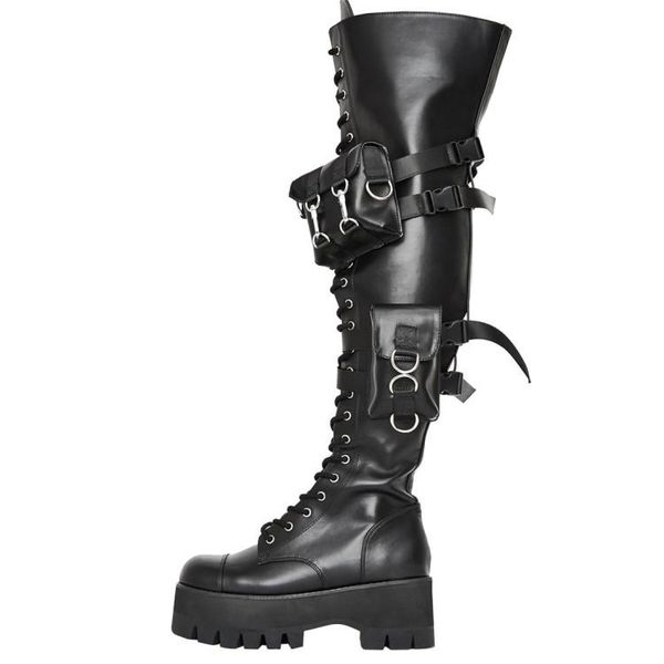 

2021 style leather cowskin platform cake thick 8cm heels boots thigh-high booties pockets zipper lace-up buckle casual party dress shoes mar, Black