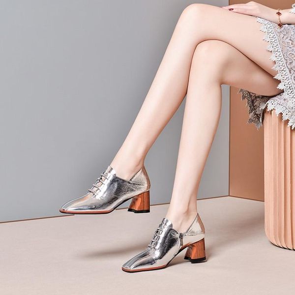 

women pumps autumn spring soft cow leather square toe lace up silver color high heels lady shoes party size 41 dress, Black