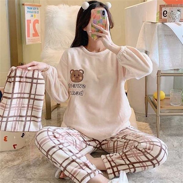 

winter women pajama sets flannel warm thicken sleepwear suit for long sleeve + pants casual loose soft 2pcs pjs 211109, Black;red