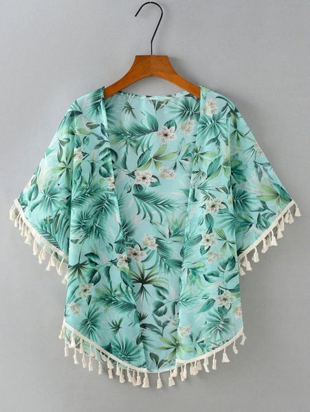 

plant print chiffon cover up i29r#, White;black