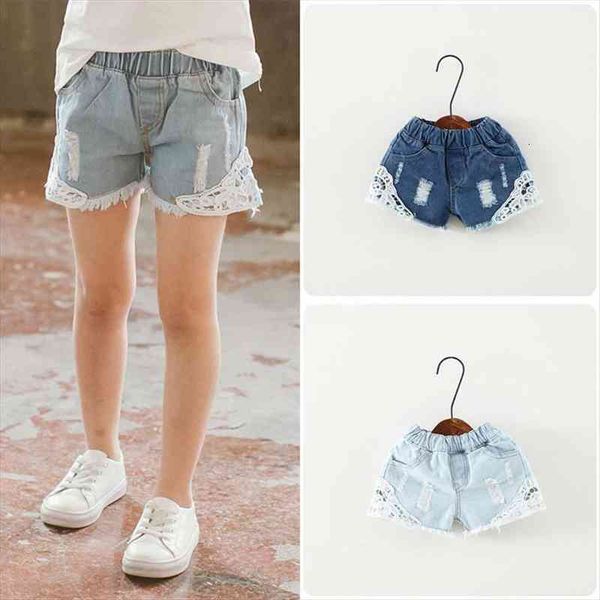 

girls lace ripped jean shorts summer kids pants korean girl cute denim short 2 12years children pocket baby clothes, Black