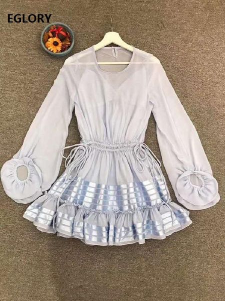 

casual dresses 2021 autumn fashion blue dress club women lurex striped print patchwork drawstring waist long sleeve ruffle, Black;gray