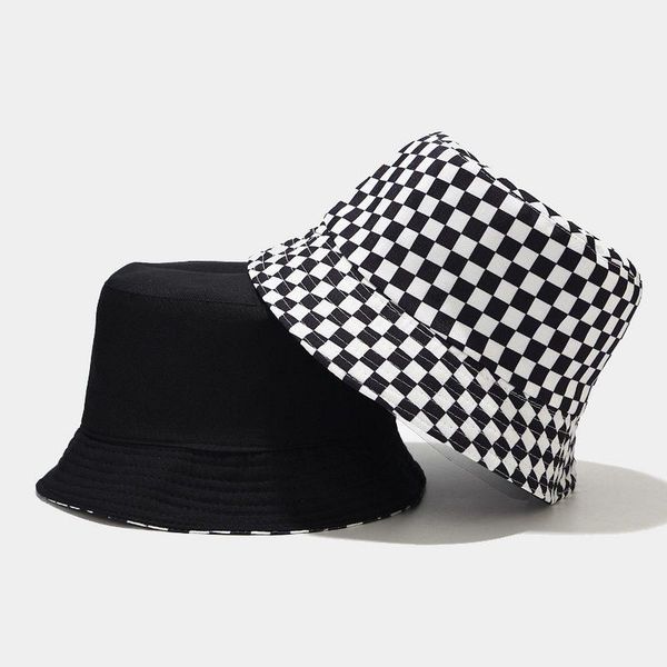 

wide brim hats 2021 cap black white grid bucket hat flat fishing hip-hop plaid autumn fisherman for women girls, Blue;gray