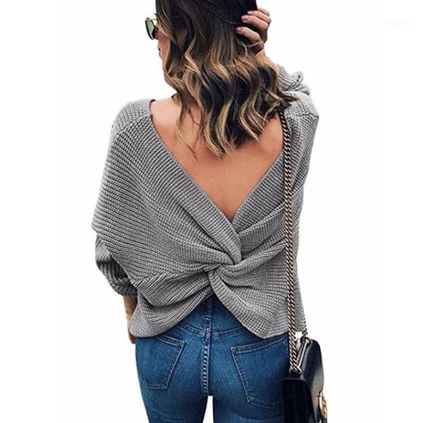 

women's sweaters backless v-neck sweater 2021 european and american autumn winter back cross loose wild long-sleeved women, White;black