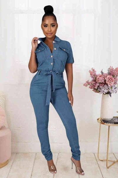 

winter women short sleeve lapel lace up fashion casual solid color denim long jumpsuit, White