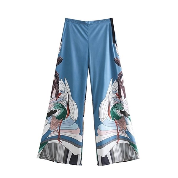

women vintage crane print patchwork wide leg pants femme streetwear trousers mujer leisure side zipper loose pants p296 210420, White;black