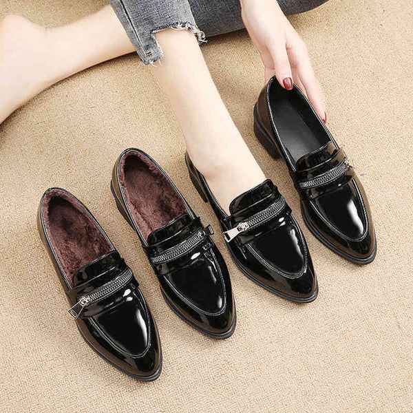 

dress shoes winter flats women brand metal zipper decoration rabbit fur oxford woman pointed toe japanned leather brogue rde8, Black