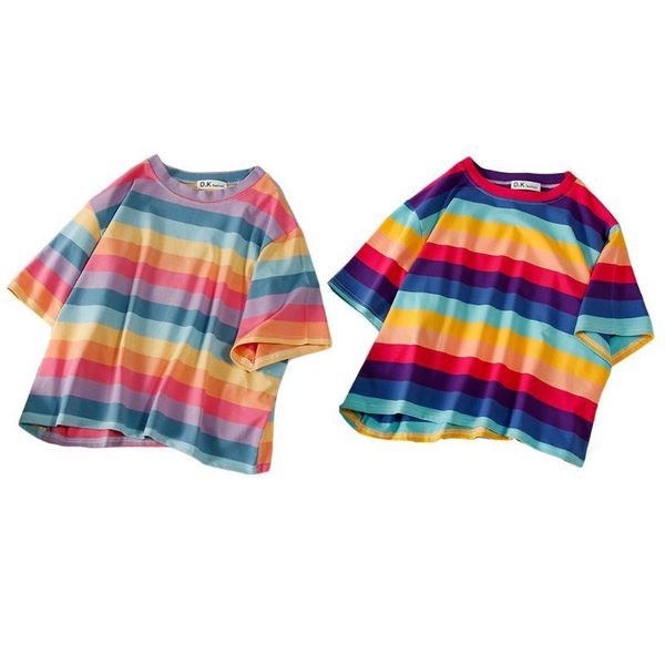 

women's t-shirt women summer half sleeve rainbow horizontal stripes print pullover short o-neck casual loose streetwear, White