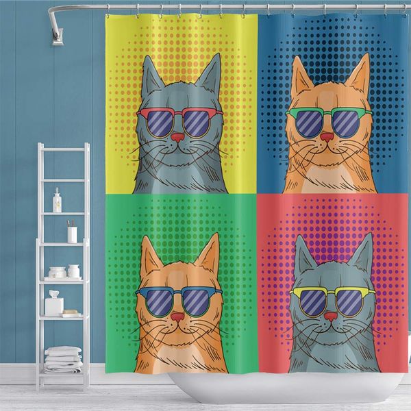 

cartoon shower curtain yellow green cat funny cat with sunglasses smile face colorful background bathroom curtain for kids guest