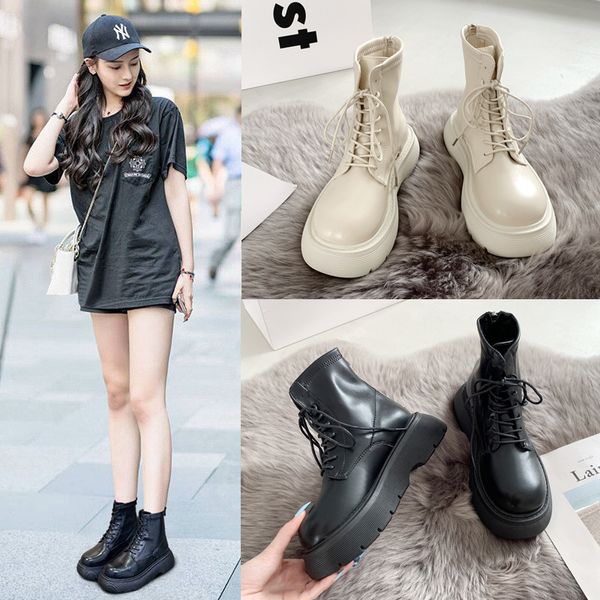 

2021 british style short women's spring and autumn single thick soled martin ins black elastic big head boots