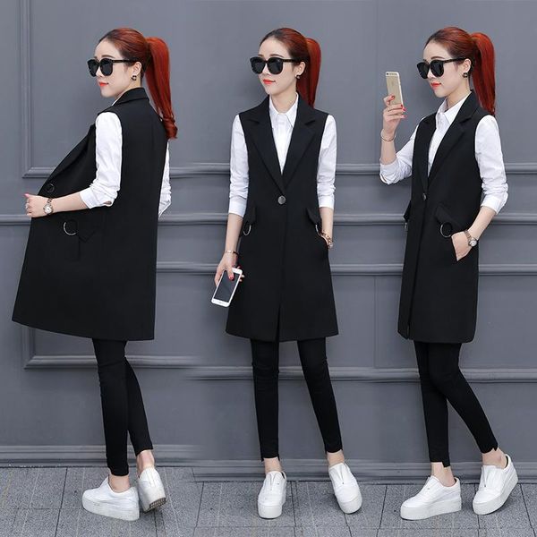 

women's vests 2021 women spring vintage sleeveless vest lady chic notched pockets suit long waistcoat female casual solid plus size i91, Black;white