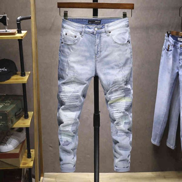 

ripped jeans men's slim fit small feet leisure high-end graffiti beggar tide brand long pants, Blue