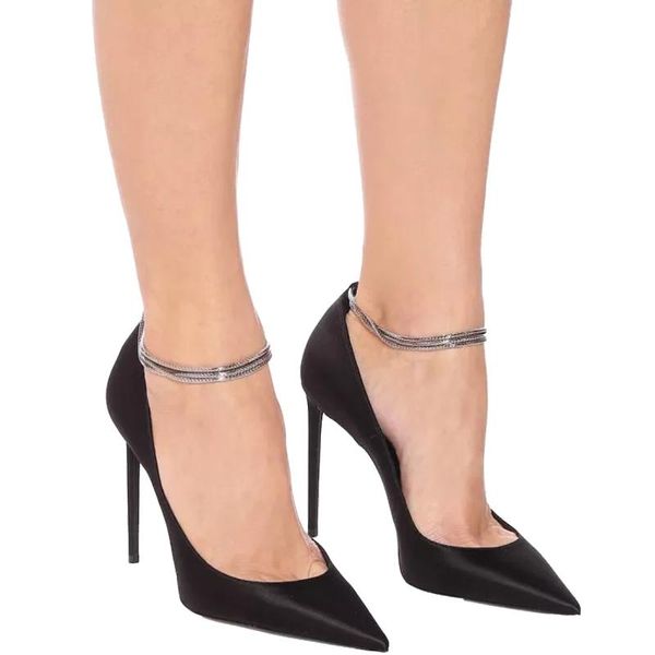 

brand women pumps pointed thin high heels sandals shallow mouth silk ankle three circle chain ol stiletto shoes dress, Black