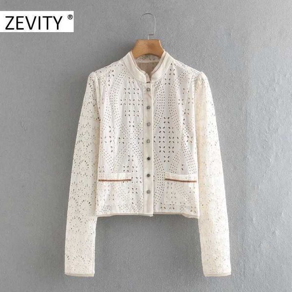 

zevity women vintage hollow out embroidery chiffon patchwork shirt coat female long sleeve breasted coats casual chic ct572 210603, Black;brown