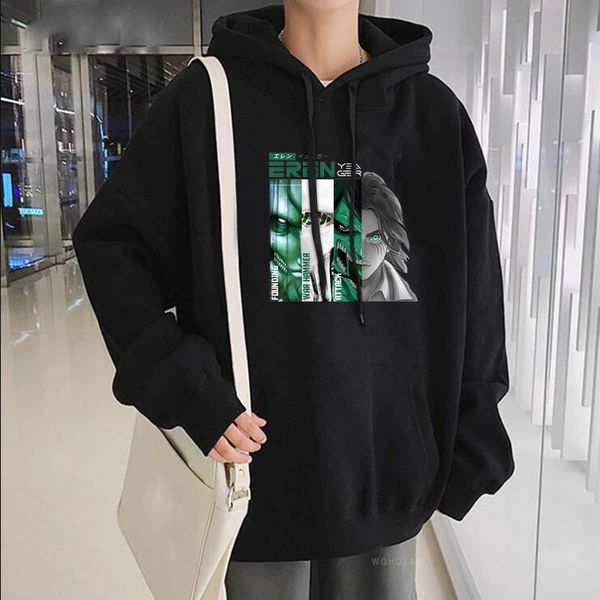 

men's hoodies & sweatshirts anime attack on titan eren yeager giant form poster long sleeve hip hop winter oversize patchwork sweatsh, Black