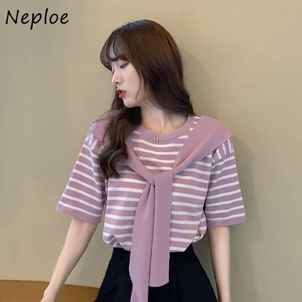 

women's t-shirt neploe o neck short sleeve pullover t shirt women fashion striped pattern loose tees femme summer 2021 tie all match to, White