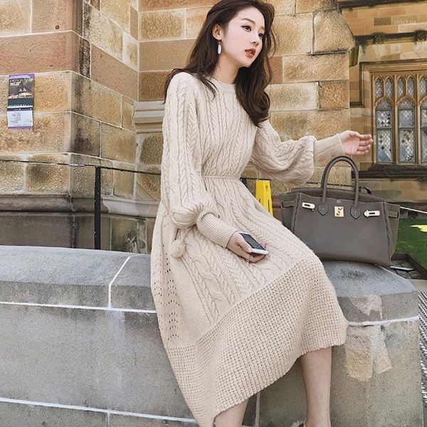 

one-piece 2021 french elegant knitted dresses vintage sweater dress slim waist lantern sleeve mid-calf casual, Black;gray