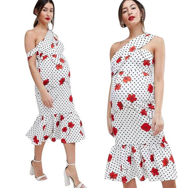 

maternity dresses sale ruched one shoulder summer floral printed boho bodycon dress women pregnancy for po shoot d30, White
