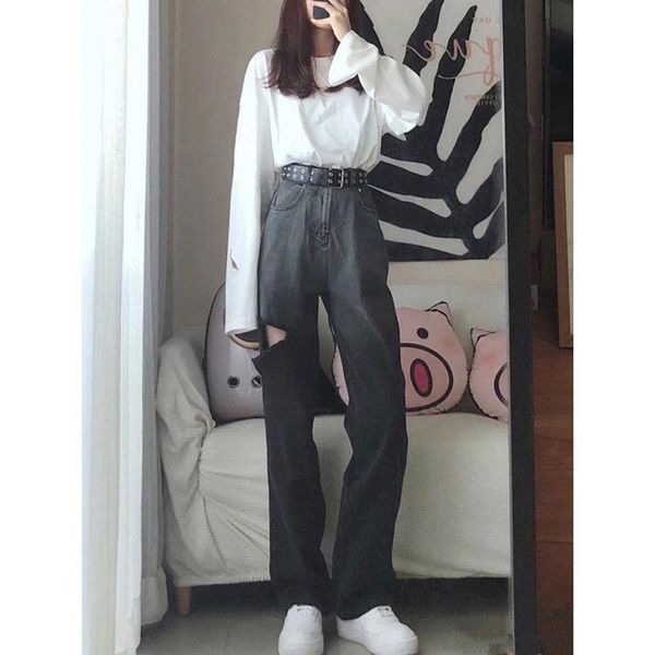 

women's jeans high street summer 2021 straight bf loose gradient wide leg design pants, Blue