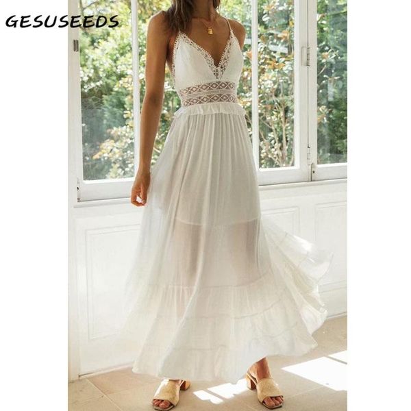 

elegant dress women summer spaghetti strap dresses v neck white lace patchwork ruffle maxi backless casual, Black;gray