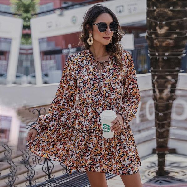 

casual dresses autumn winter full sleeve print dress women ruffles floral above knee for elegant slim 2021, Black;gray