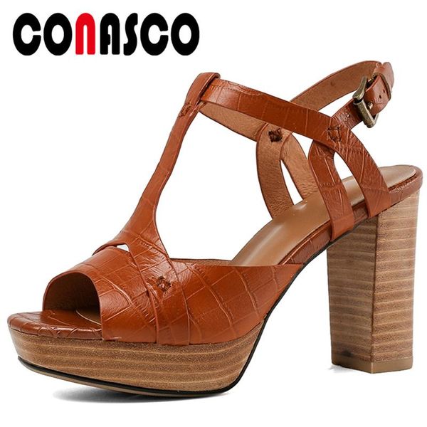 

dress shoes conasco euro style fashion summer genuine leather women sandals pumps t-strap high heels wedding party office casual woman, Black