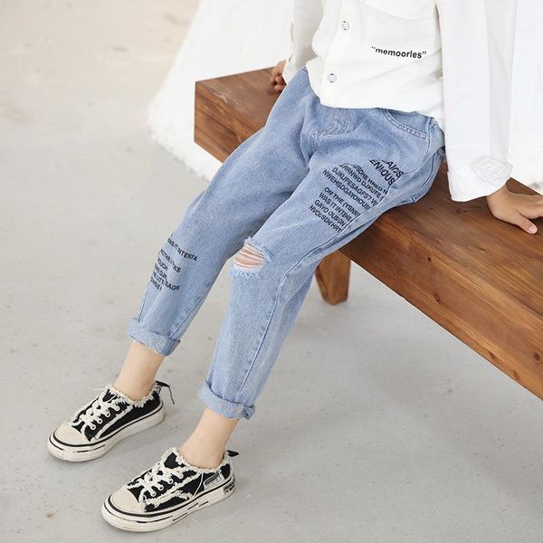 

jeans kids girls fashion clothes ripped pants denim clothing children baby boys letter cowboy long trousers, Blue