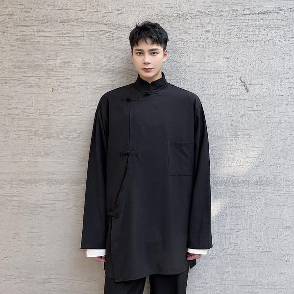 

men's casual shirts men streetwear hip hop vintage chinese style stand collar button long sleeve loose shirt, White;black