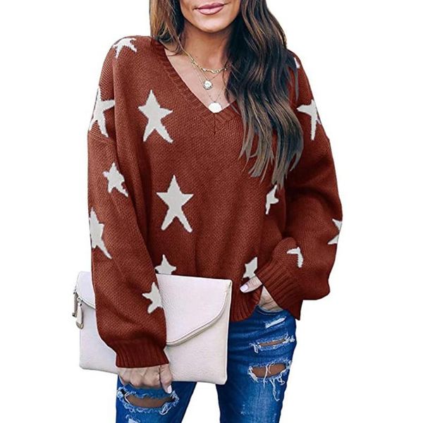 

women's sweaters star priingt plus size loose sweater autumn and winter v-neck long-sleeved solid color ladies, White;black