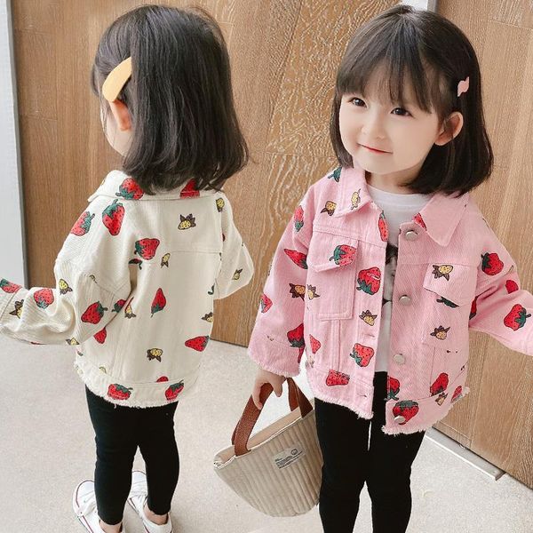 

fashion pink beige autumn denim jacket baby girls strawberry print cardigan button long sleeve coat clothes jackets, Blue;gray