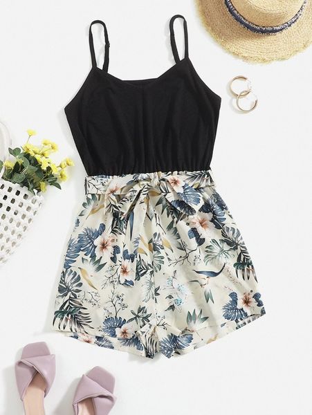 

floral spliced belted cami romper 97xn#, White