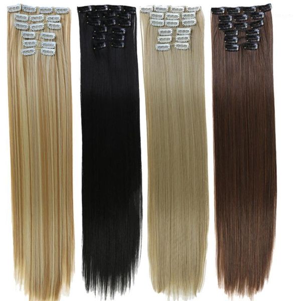 

24inchs 16 clips in hair long straight hairstyle synthetic blonde black hairpieces heat resistant false wigs1