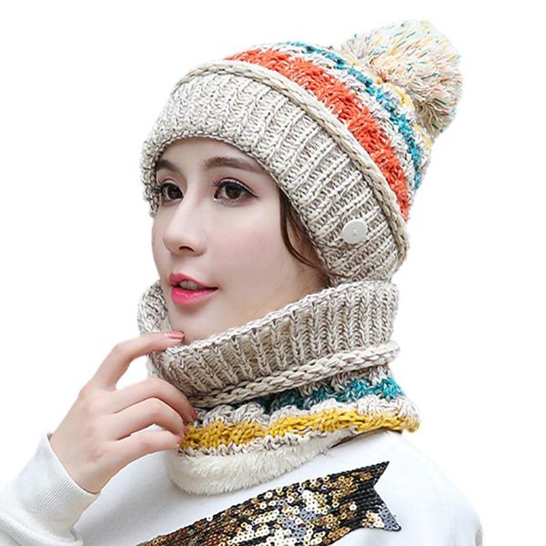 

colorblock knitted hat with velvet bib mask three-piece thick woolen scarf caps neck warmer winter lady beanies outdoor hats, Black;white