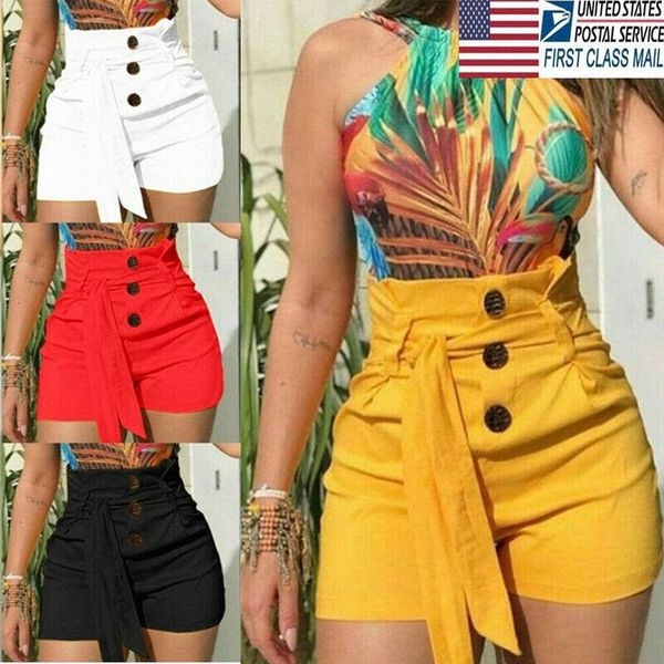 

women's shorts summer cotton bow lady's high waist slim fit casual style solid belted straight button, White;black