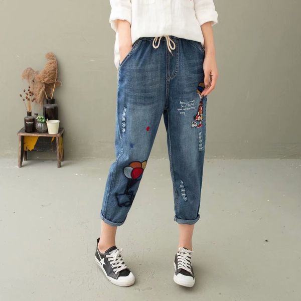 

women star cartoon pattern printed 2021 autumn denim pants fit young girl from vintage beautiful female blue jeans