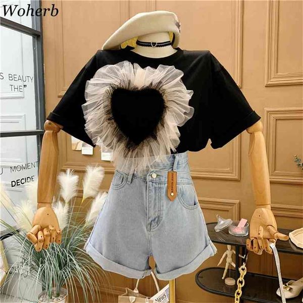 

t-shirt women's short sleeve summer tees love gauze patchwork basic shirts korean loose o neck chic femme 4i450 210519, White